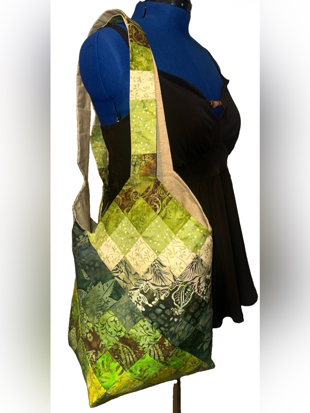 Green Patchwork Quilted Shoulder Bag - Handmade Everyday Tote